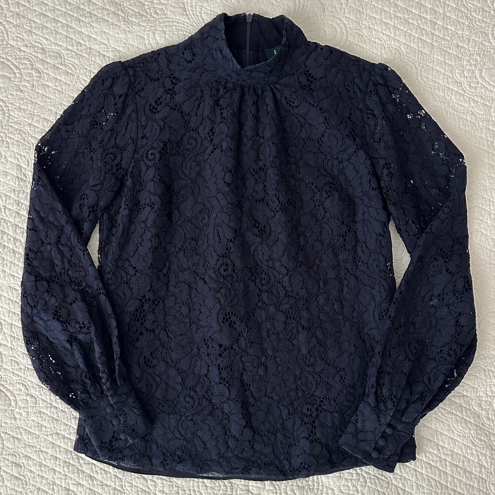 Lauren Ralph Lauren Women’s Navy Blue Lace Top Blouse Long Sleeve Mock Neck Sz 4 - Picture 9 of 9